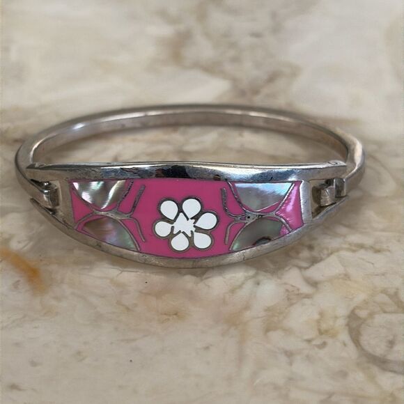 Vintage Taxco Mexico Silver Tone Abalone Shell Butterfly Bangle Child's Bracelet - Picture 2 of 8